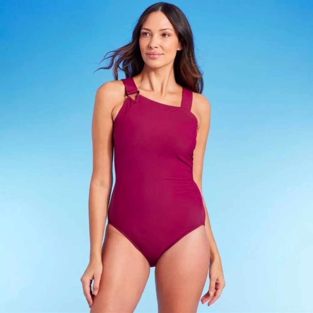 Womenswear Asymmetrical Shoulder OnePiece Swimsuit Aqua Green Burgandy S…